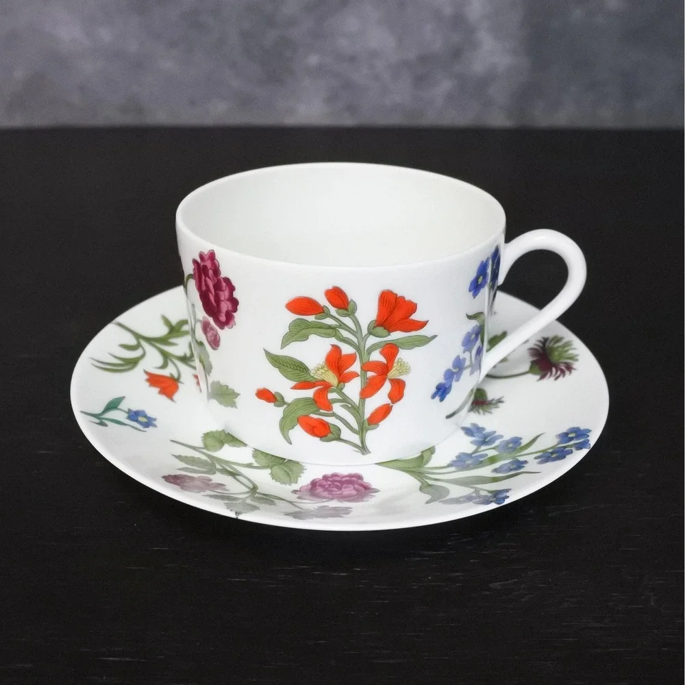 Vintage 70s Porcelaine de Paris Limoges Decor Herbier Coffee Tea Cup Saucer Set
